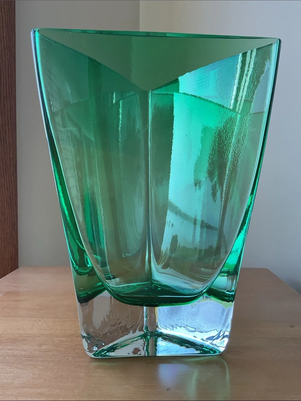 Triangular Green Vase, Glassworks Krosno, Poland 8.5” Tall